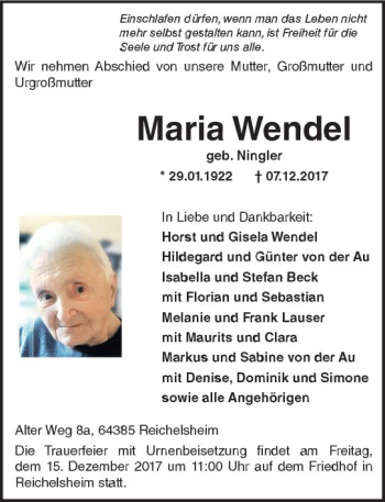 Traueranzeige von Maria Wendel von Trauerportal Echo Online