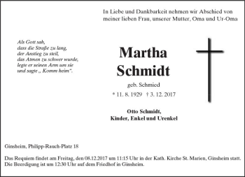 Traueranzeige von Martha Schmidt von Trauerportal Rhein Main Presse