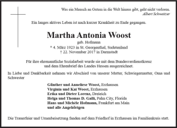 Traueranzeige von Martha Antonia Woost von Trauerportal Echo Online
