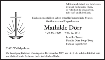 Traueranzeige von Mathilde Dörr von Trauerportal Rhein Main Presse