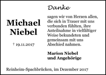 Traueranzeige von Michael Niebel von Trauerportal Echo Online