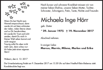 Traueranzeige von Michaela Inge Hörr von Trauerportal Echo Online