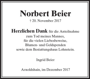 Traueranzeige von Norbert Beier von  Usinger Anzeiger
