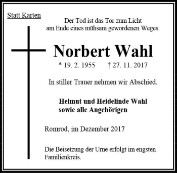 Traueranzeige von Norbert Wahl von VRM Trauer