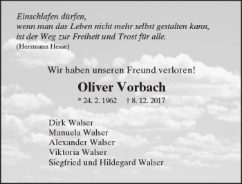 Traueranzeige von Oliver Vorbach von Trauerportal Rhein Main Presse