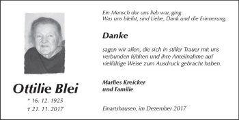 Traueranzeige von Ottilie Blei von  Kreisanzeiger