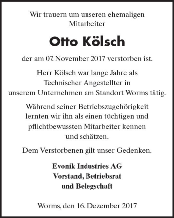 Traueranzeige von Otto Kölsch von Trauerportal Rhein Main Presse