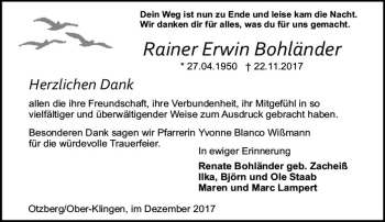 Traueranzeige von Rainer Erwin Bohländer von Trauerportal Echo Online