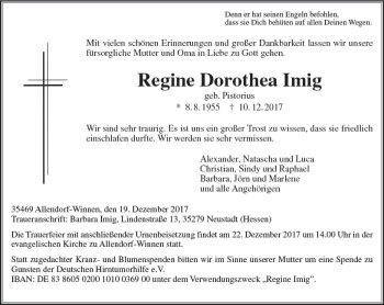 Traueranzeige von Regine Dorothea Imig von  Gießener Anzeiger