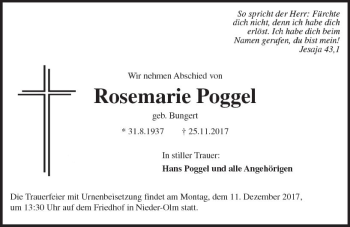 Traueranzeige von Rosemarie Poggel von Trauerportal Rhein Main Presse