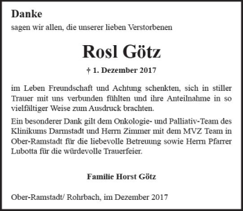 Traueranzeige von Rosl Götz von Trauerportal Echo Online