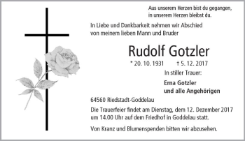 Traueranzeige von Rudolf Gotzler von Trauerportal Echo Online