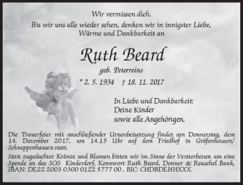 Traueranzeige von Ruth Beard von Trauerportal Echo Online
