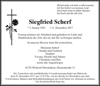 Traueranzeige von Siegfried Scherf von  Usinger Anzeiger