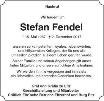 Traueranzeige von Stefan Fendel von Trauerportal Rhein Main Presse