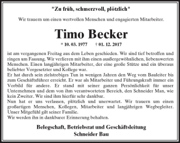 Traueranzeige von Timo Becker von Trauerportal Rhein Main Presse
