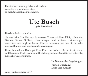 Traueranzeige von Ute Busch von Trauerportal Rhein Main Presse