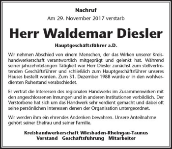 Traueranzeige von Waldemar Diesler von Trauerportal Rhein Main Presse