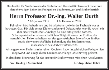 Traueranzeige von Walter Durth von Trauerportal Echo Online