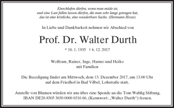 Traueranzeige von Walter Durth von Trauerportal Echo Online