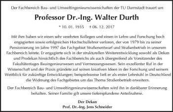 Traueranzeige von Walter Durth von Trauerportal Echo Online