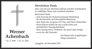 Traueranzeige von Werner Achenbach von  Gießener Anzeiger