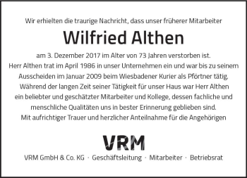 Traueranzeige von Wilfried Althen von Trauerportal Rhein Main Presse