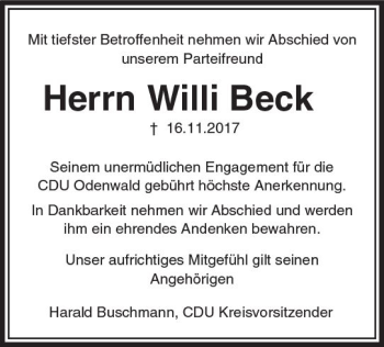 Traueranzeige von Willi Beck von Trauerportal Echo Online