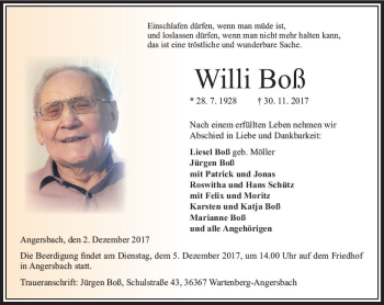 Traueranzeige von Willi Boß von VRM Trauer