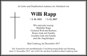 Traueranzeige von Willi Rapp von  Camberger Anzeiger