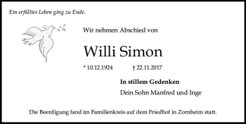 Traueranzeige von Willi Simon von Trauerportal Rhein Main Presse