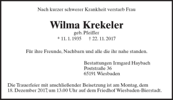 Traueranzeige von Wilma Krekeler von Trauerportal Rhein Main Presse