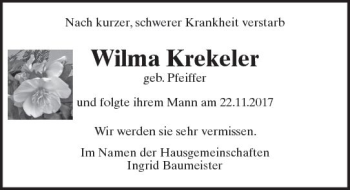 Traueranzeige von Wilma Krekeler von Trauerportal Rhein Main Presse