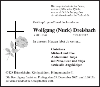 Traueranzeige von Wolfgang Dreisbach von Trauerportal Rhein Main Presse