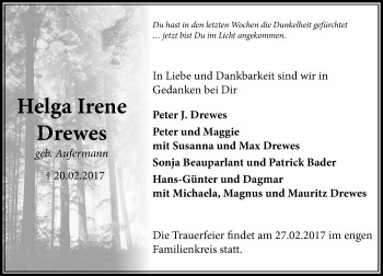 Traueranzeige von Helga Irene Drewes von Trauerportal Echo Online