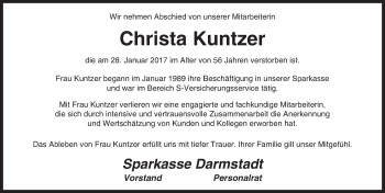 Traueranzeige von Christa Kuntzer von Trauerportal Echo Online
