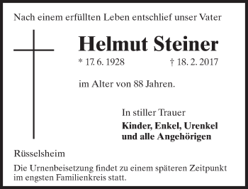 Traueranzeige von Helmut Steiner von Trauerportal Rhein Main Presse