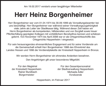 Traueranzeige von Heinz Borgenheimer von Trauerportal Echo Online