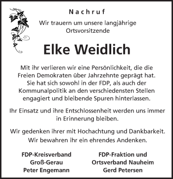 Traueranzeige von Elke Weidlich von Trauerportal Echo Online