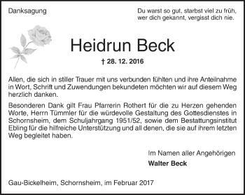 Traueranzeige von Heidrun Beck von Trauerportal Rhein Main Presse