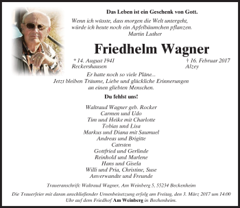 Traueranzeige von Friedhelm Wagner von Trauerportal Rhein Main Presse