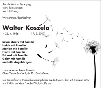 Traueranzeige von Walter Koszela von Trauerportal Echo Online
