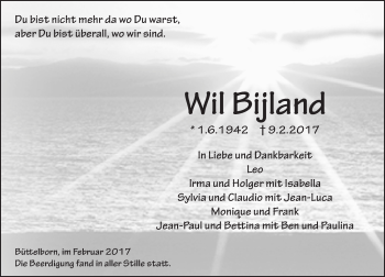 Traueranzeige von Wil Bijland von Trauerportal Echo Online