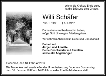 Traueranzeige von Willi Schäfer von VRM Trauer