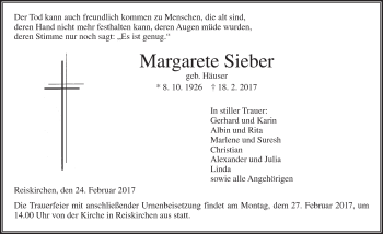 Traueranzeige von Margarete Sieber von  Gießener Anzeiger