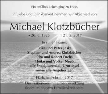Traueranzeige von Michael Klotzbücher von  Kreisanzeiger