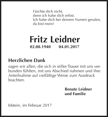 Traueranzeige von Fritz Leidner von Trauerportal Rhein Main Presse
