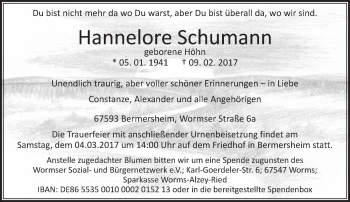Traueranzeige von Hannelore Schumann von Trauerportal Rhein Main Presse