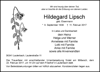 Traueranzeige von Hildegard Lipsch von VRM Trauer
