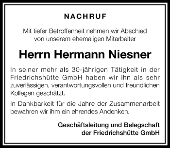 Traueranzeige von Hermann Niesner von  Kreisanzeiger